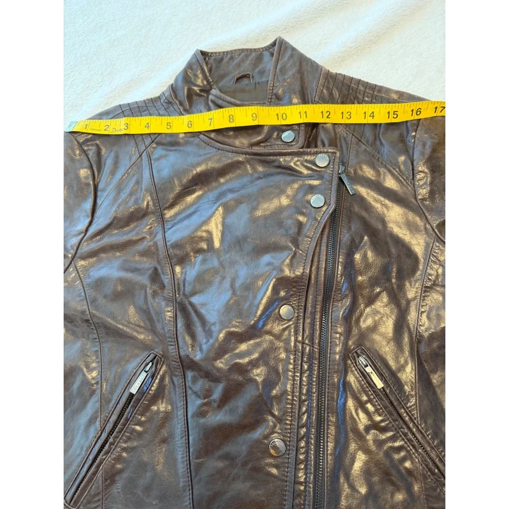 Laundry by Shelli Segal Brown Leather Moto Jacket Womens Large Biker Zip Coat‎